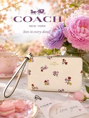 COACH Corner Zip Heart Print Chalk Leather Wristlet with  Floral Accents NWT